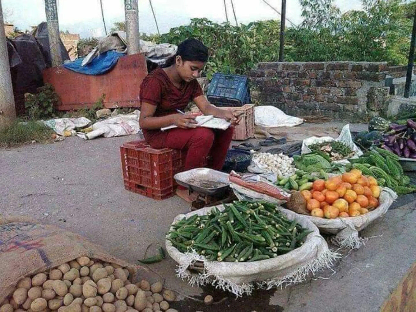 Teenage girl studying while helping at the family vegetable stall