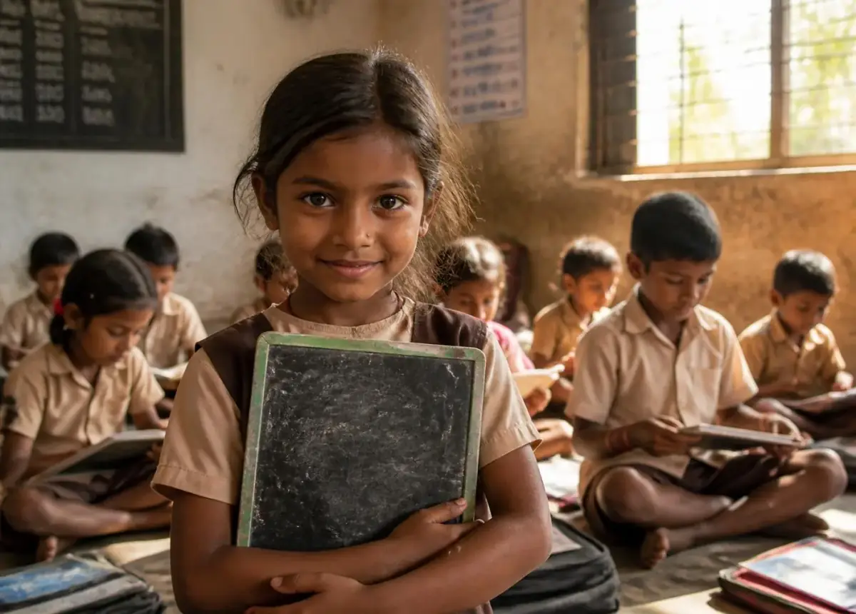 Indian girl in classroom holding a slate, other children reading in background